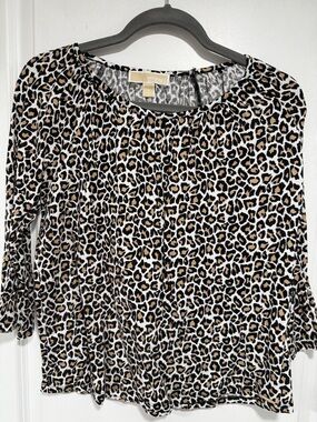 M Michael Kors Leopard Print Scoop Neck Blouse - Brown Black White